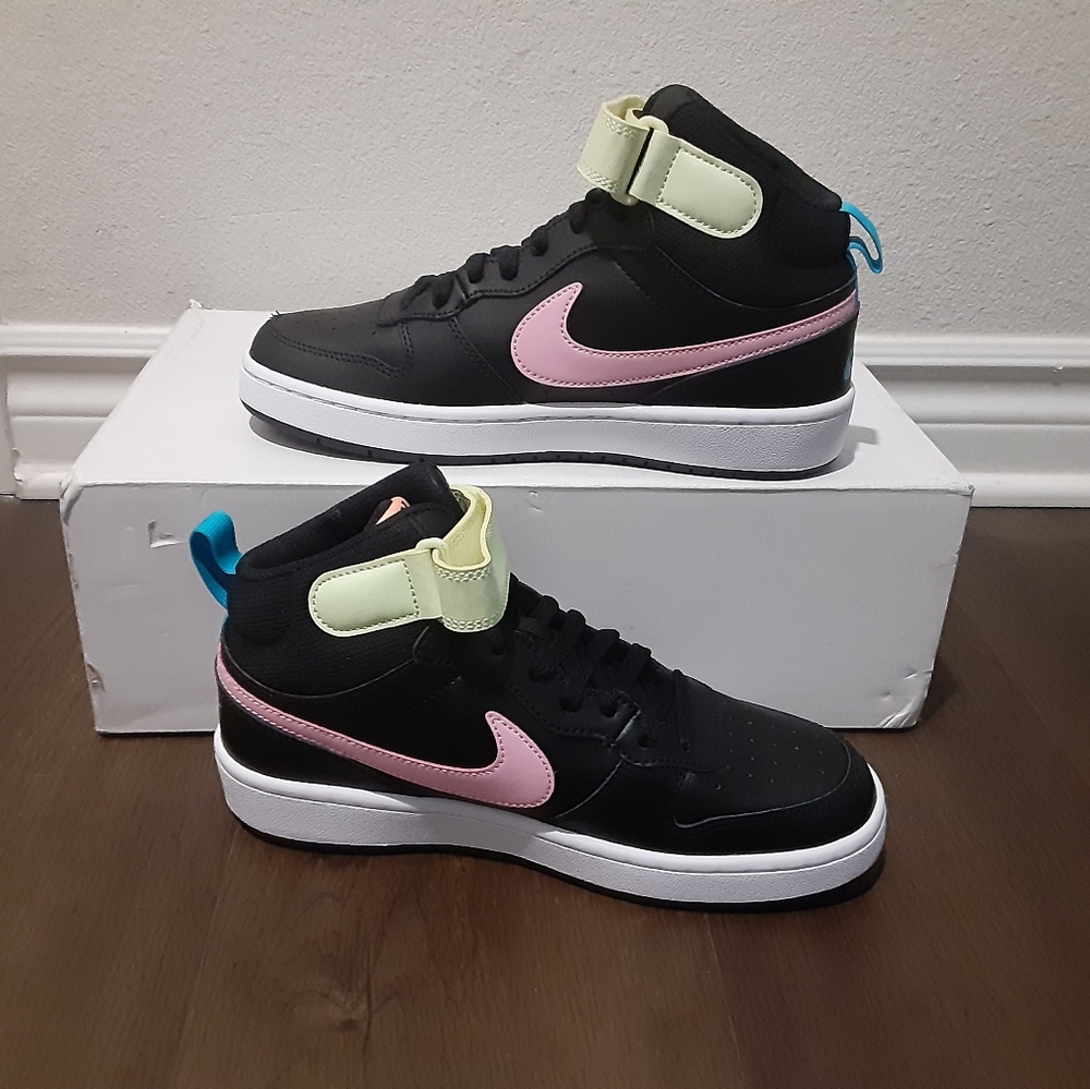 Nike Black High-Top Sneakers with Pink Swoosh and Pastel Accents